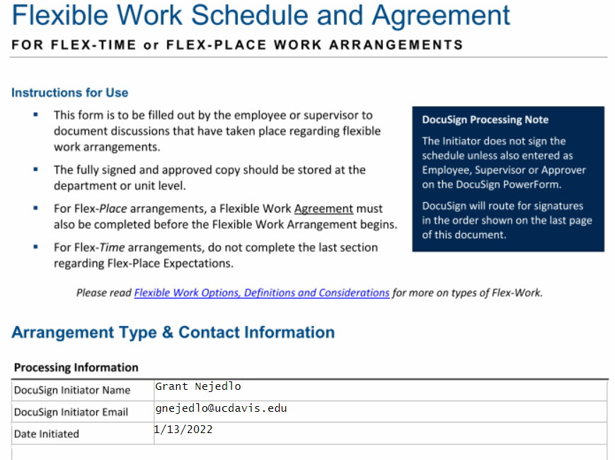 combined flexible work agreement and schedule screengrab