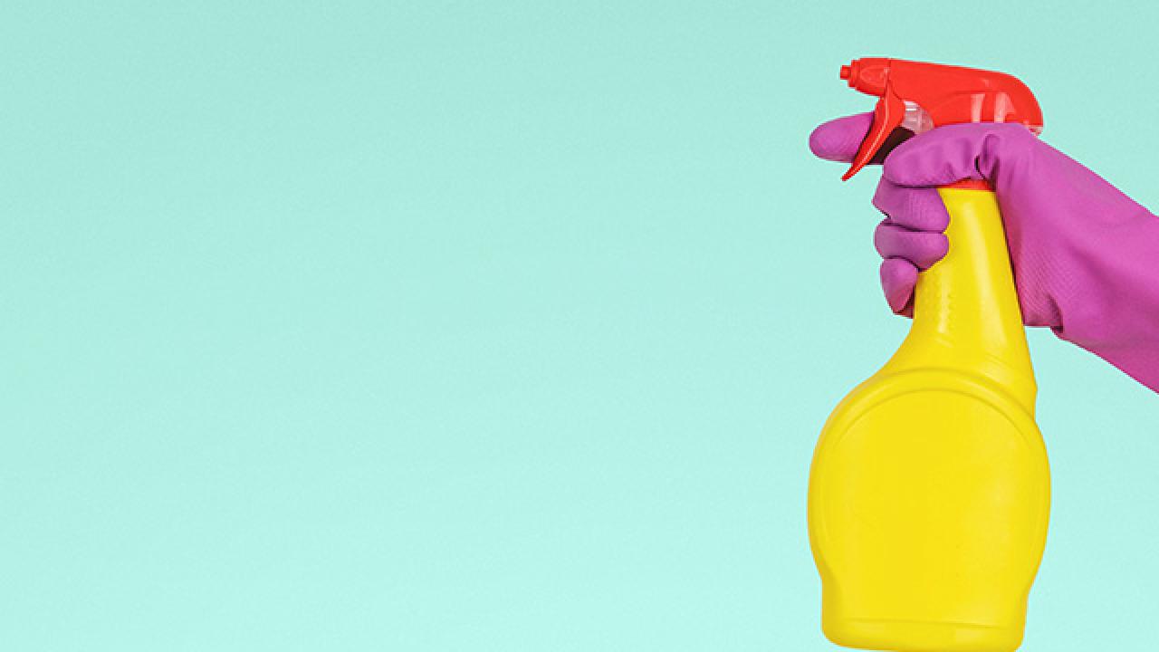 Image of pink rubber glove with yellow spray bottle.